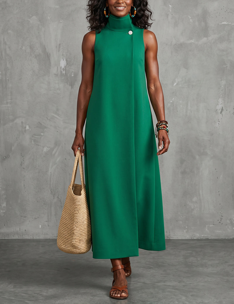 Sleeveless Mock Neck A-Line Button-Detail Maxi Dress