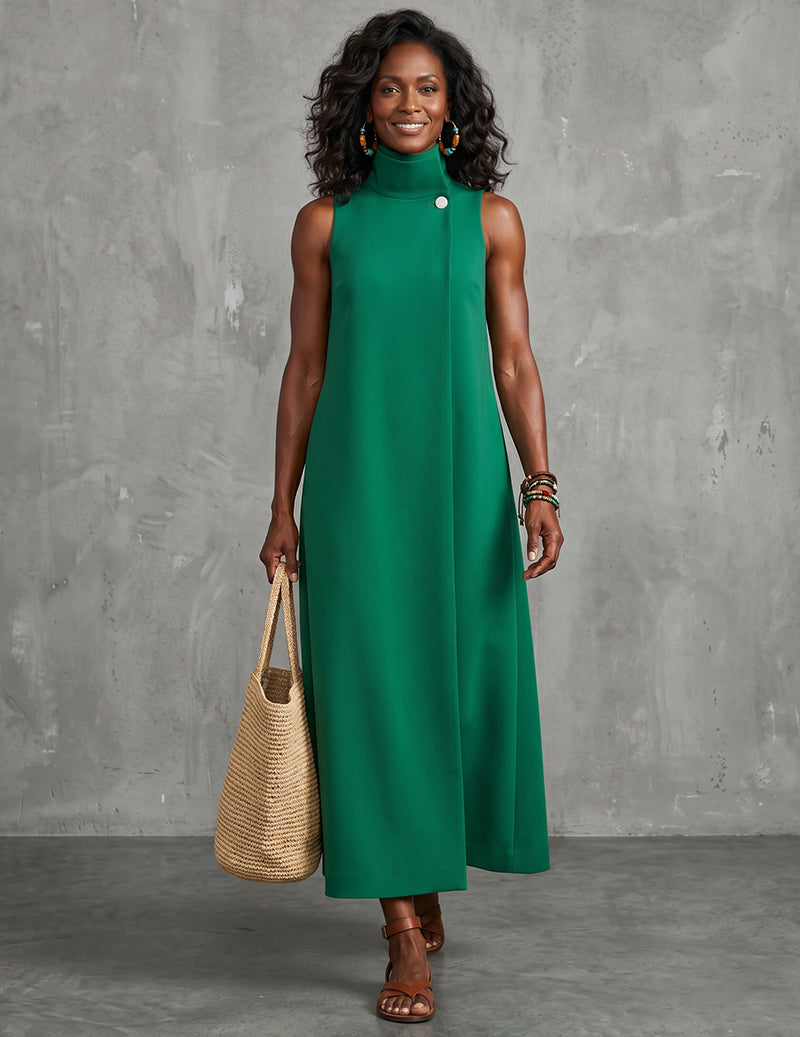 Sleeveless Mock Neck A-Line Button-Detail Maxi Dress