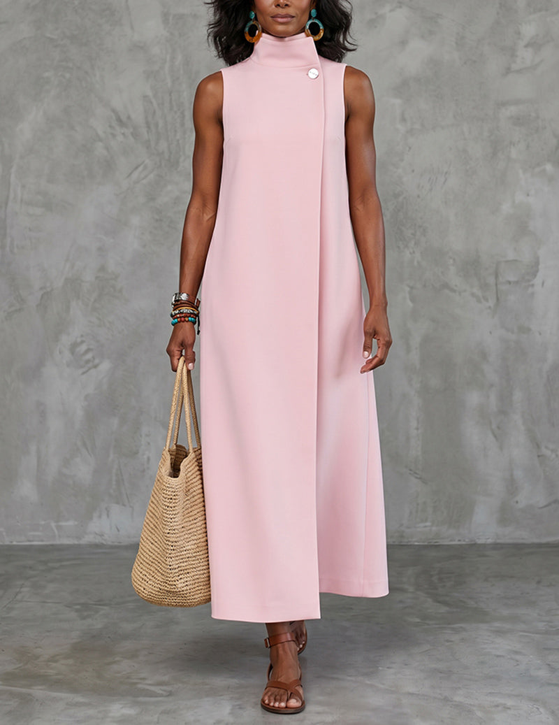 Sleeveless Mock Neck A-Line Button-Detail Maxi Dress