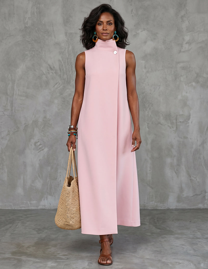 Sleeveless Mock Neck A-Line Button-Detail Maxi Dress