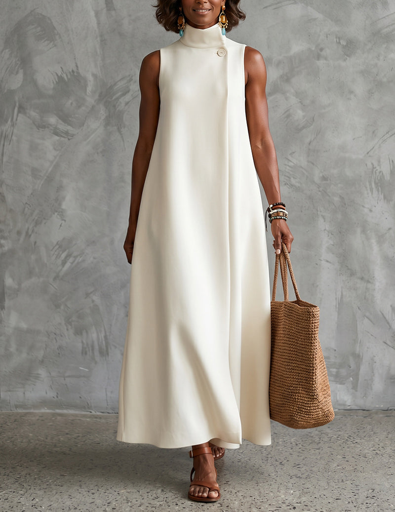 Sleeveless Mock Neck A-Line Button-Detail Maxi Dress