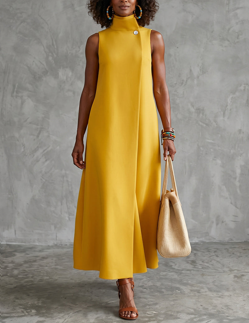 Sleeveless Mock Neck A-Line Button-Detail Maxi Dress