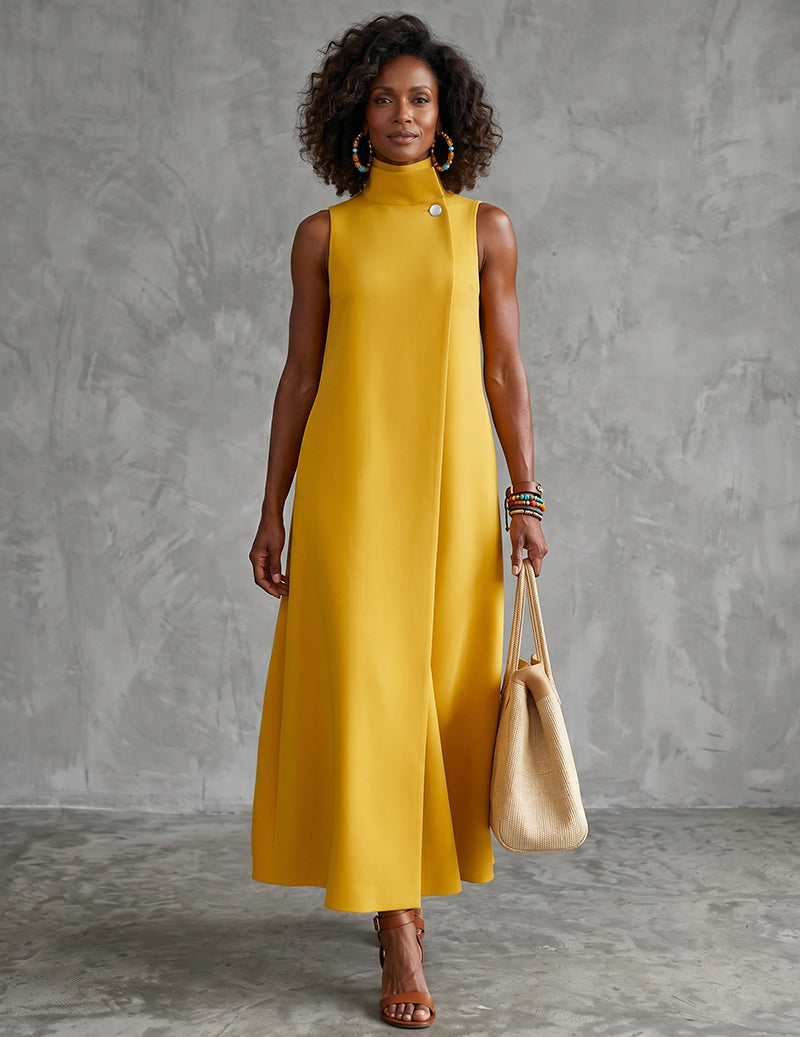 Sleeveless Mock Neck A-Line Button-Detail Maxi Dress