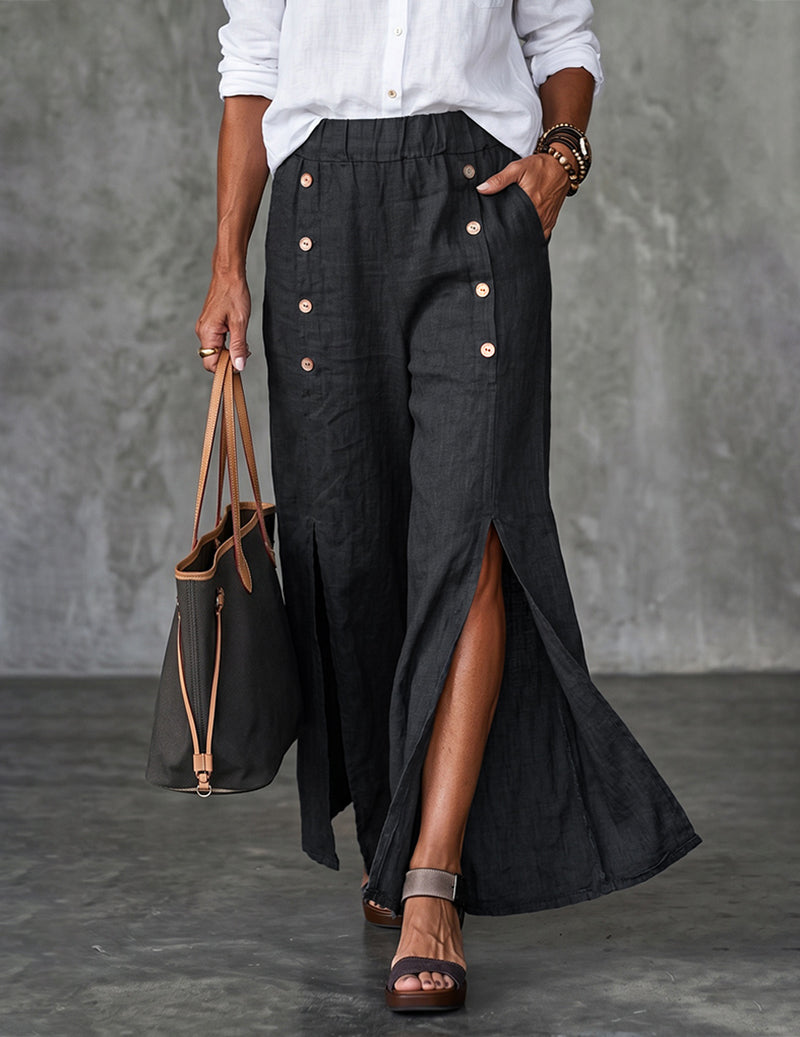Wide-Leg Button-Trim Front-Slit Pants