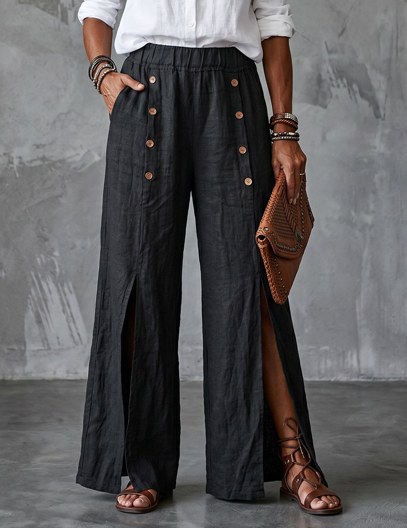 Wide-Leg Button-Trim Front-Slit Pants