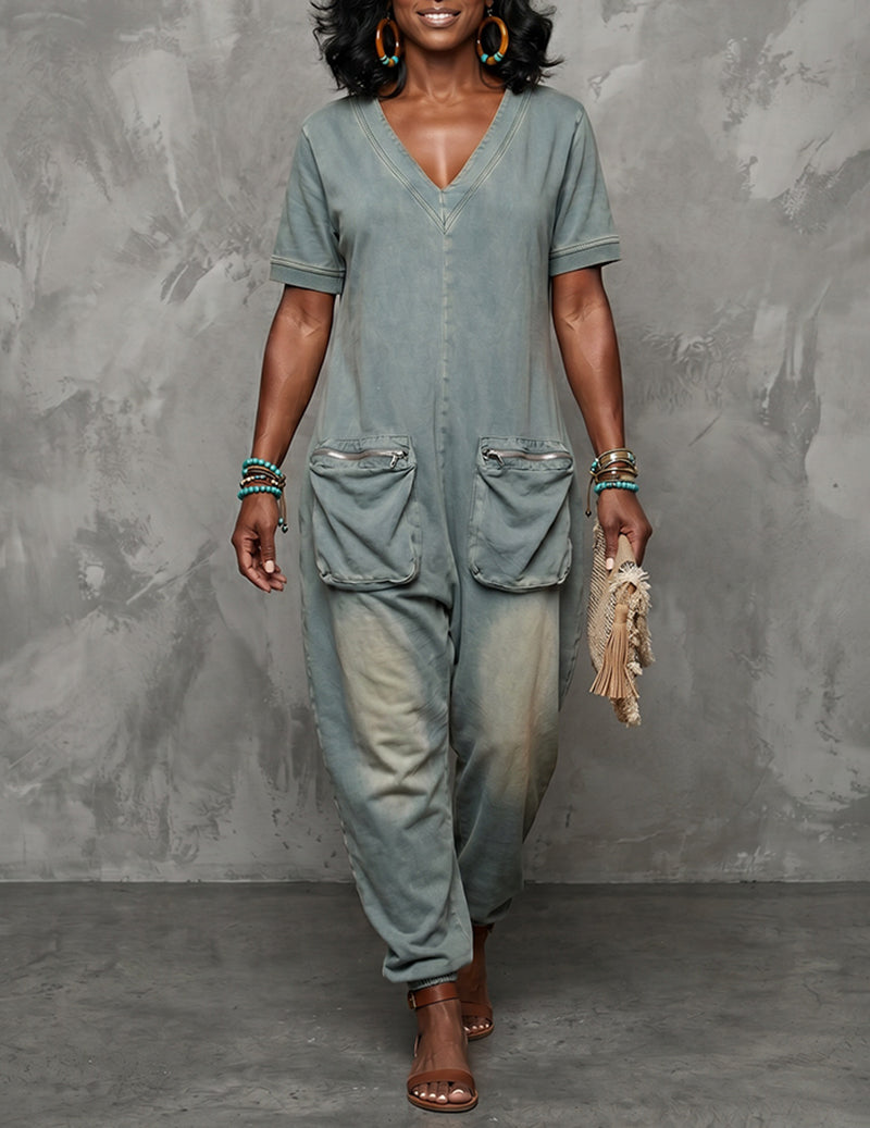 Denim-Style V-Neck Short-Sleeve Wide-Leg Cargo Jumpsuit