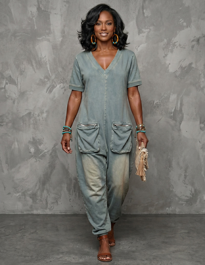 Denim-Style V-Neck Short-Sleeve Wide-Leg Cargo Jumpsuit