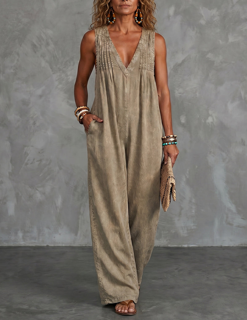 Denim-Style Deep V-Neck Sleeveless Wide-Leg Jumpsuit
