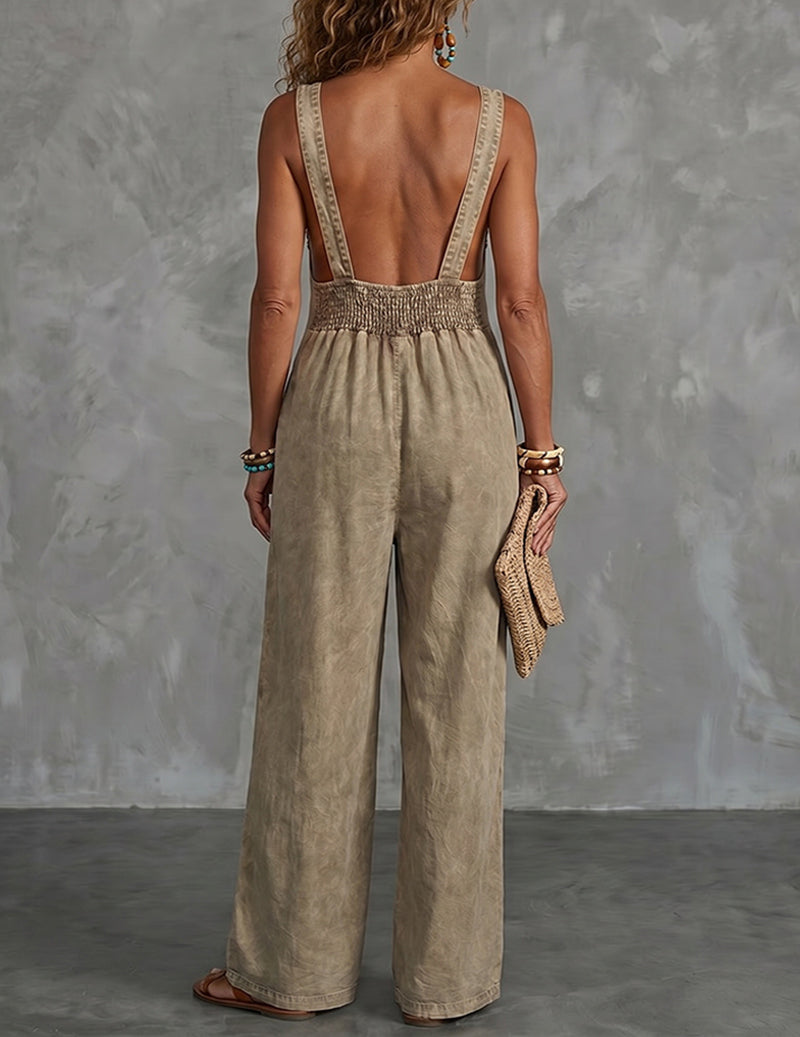 Denim-Style Deep V-Neck Sleeveless Wide-Leg Jumpsuit