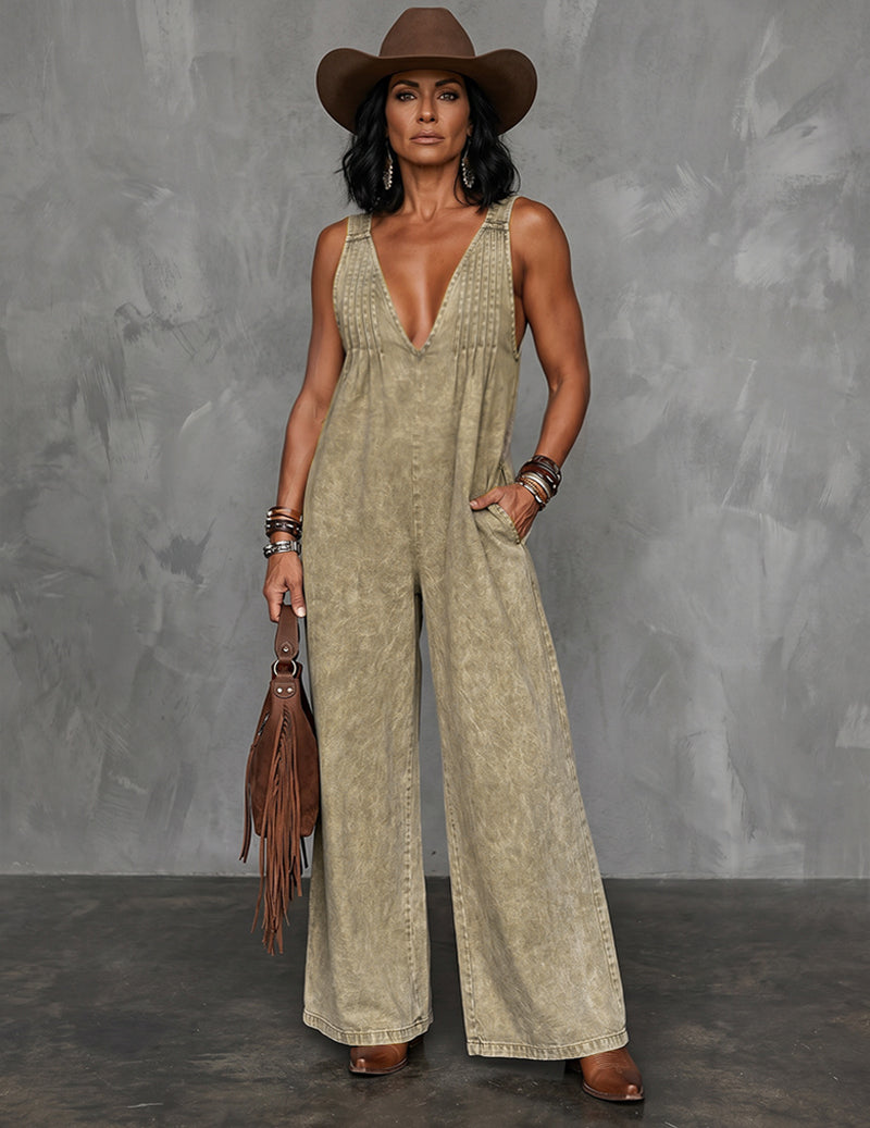 Denim-Style Deep V-Neck Sleeveless Wide-Leg Jumpsuit
