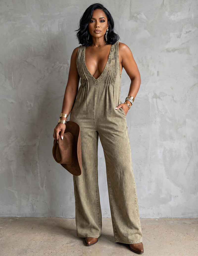 Denim-Style Deep V-Neck Sleeveless Wide-Leg Jumpsuit
