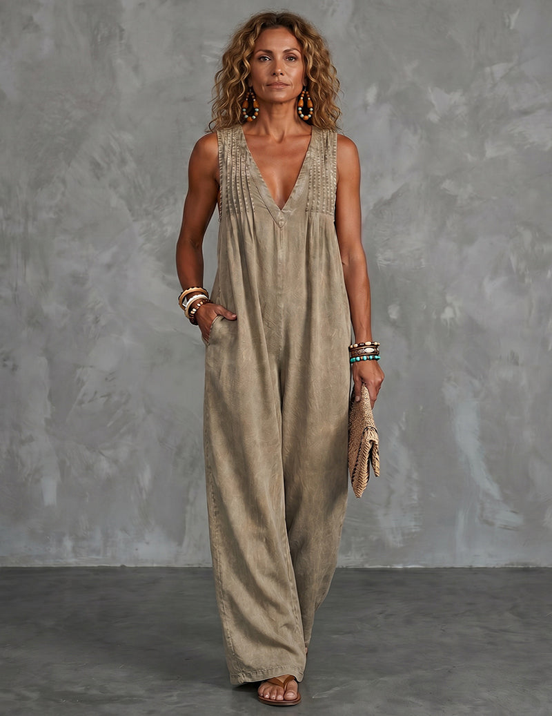Denim-Style Deep V-Neck Sleeveless Wide-Leg Jumpsuit