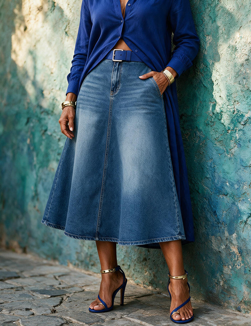 Ekouaer Denim Midi Skirt with Stretch Waist
