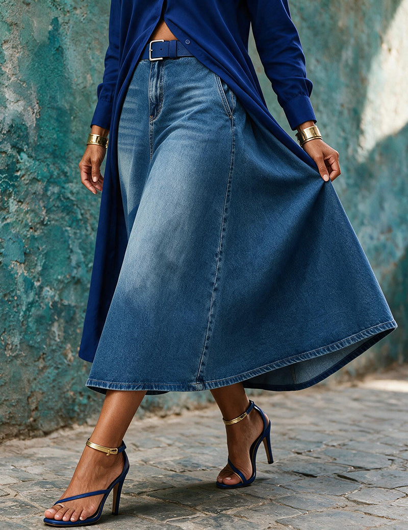 Ekouaer Denim Midi Skirt with Stretch Waist