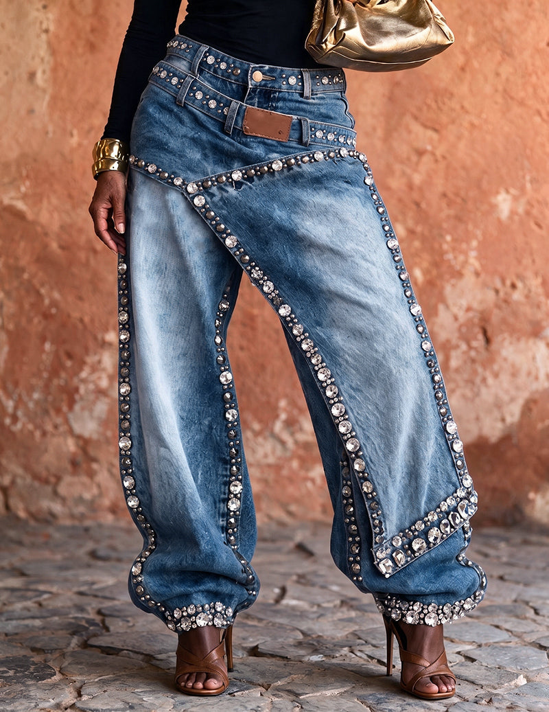 Ekouaer Rhinestone Embellished Denim Straight Leg Pants