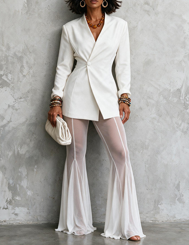 White blazer and mesh flare pants two-piece suit with V-neck, button front, long sleeves