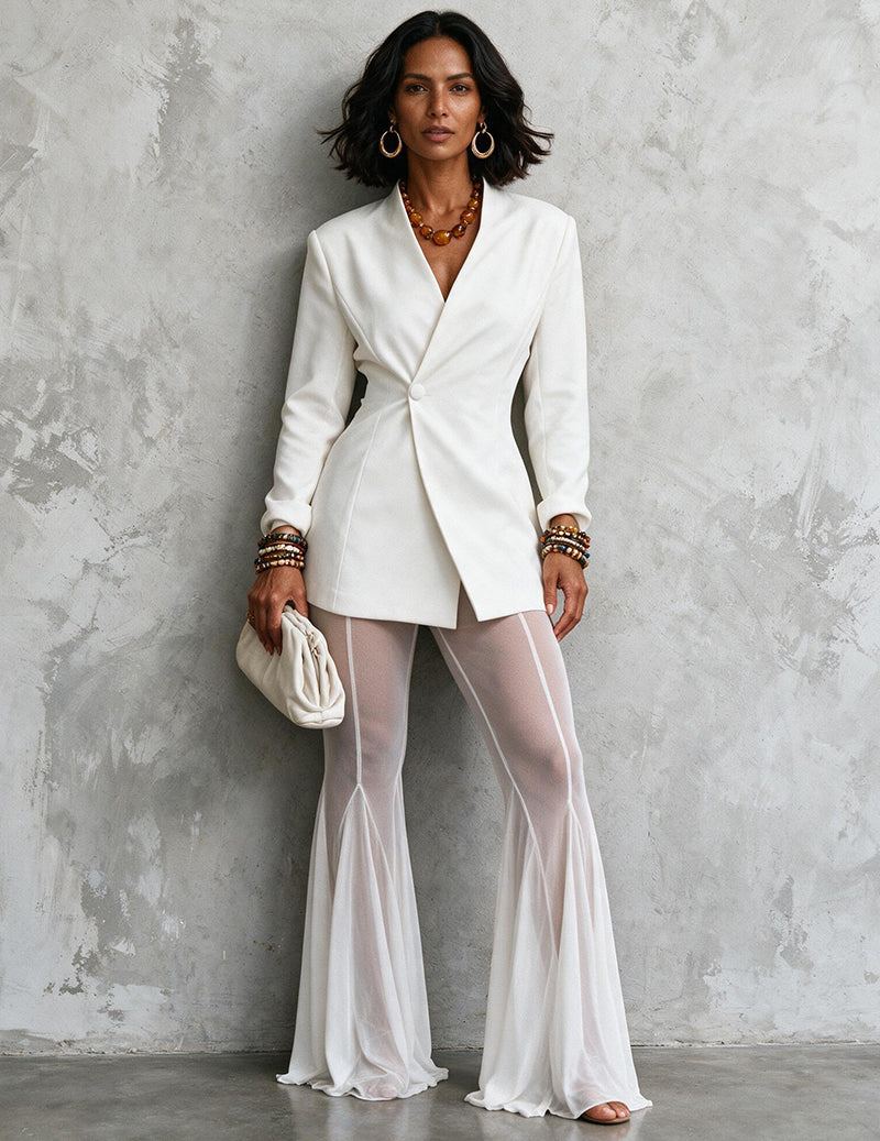 White blazer and mesh flare pants set, V-neck button front, long sleeves