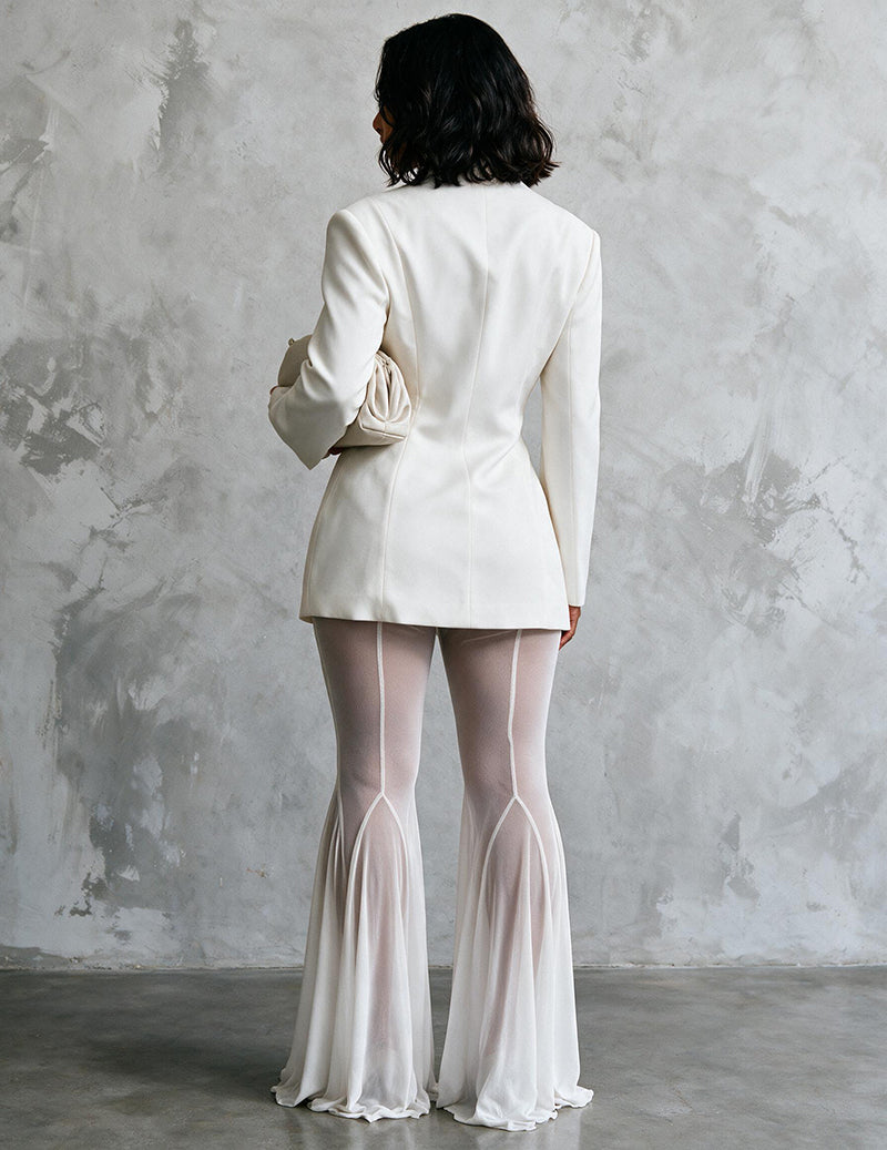 White blazer and mesh flare pants set, back view, long sleeves, button closure