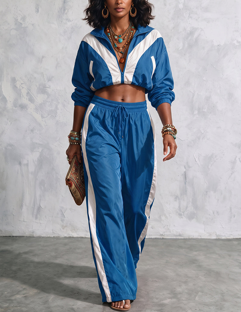 Ekouaer 2 Piece Tracksuit Woven Patchwork Loose Jacket Pants Set