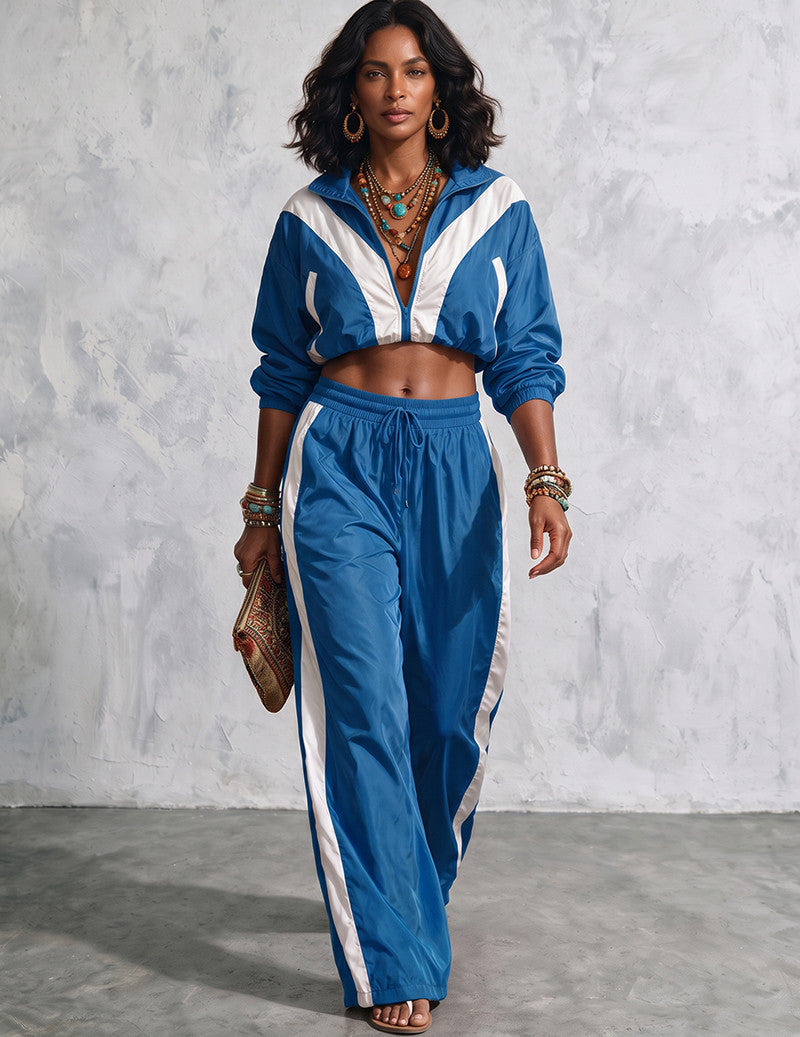 Ekouaer 2 Piece Tracksuit Woven Patchwork Loose Jacket Pants Set
