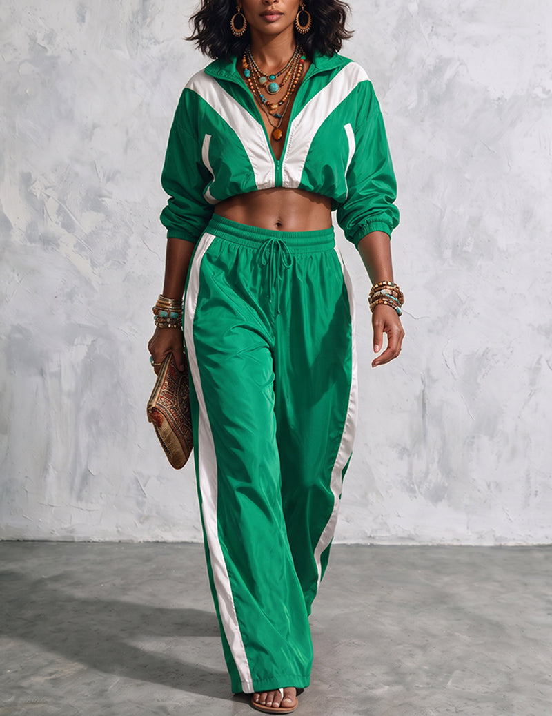 Ekouaer 2 Piece Tracksuit Woven Patchwork Loose Jacket Pants Set