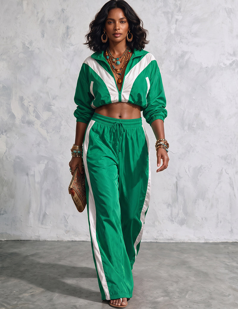 Ekouaer 2 Piece Tracksuit Woven Patchwork Loose Jacket Pants Set