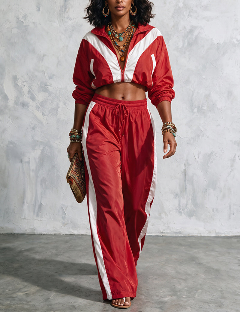 Ekouaer 2 Piece Tracksuit Woven Patchwork Loose Jacket Pants Set