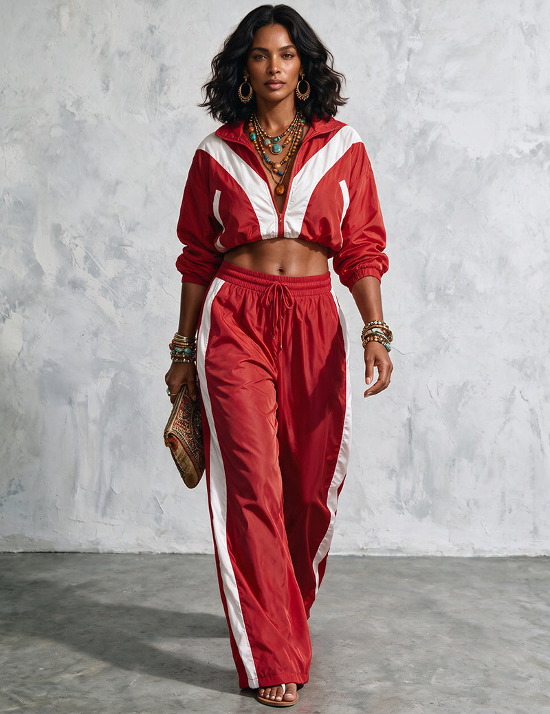 Ekouaer 2 Piece Tracksuit Woven Patchwork Loose Jacket Pants Set
