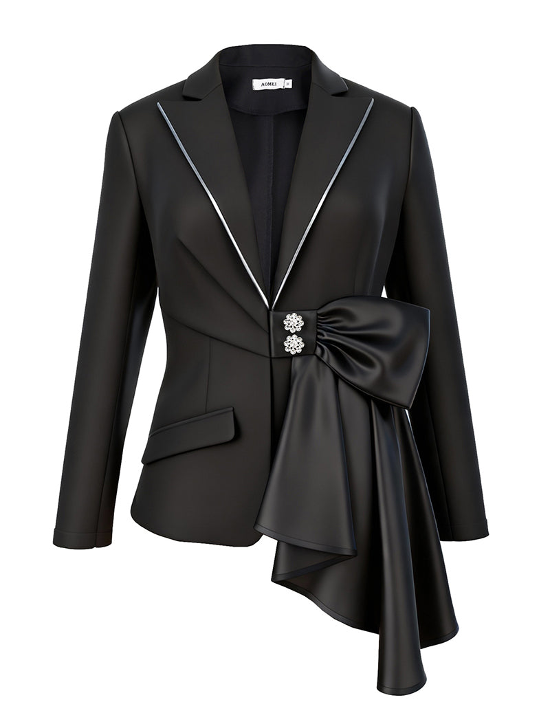 Black satin bow blazer with jeweled clasp at waist and long sleeves, tailored office jacket