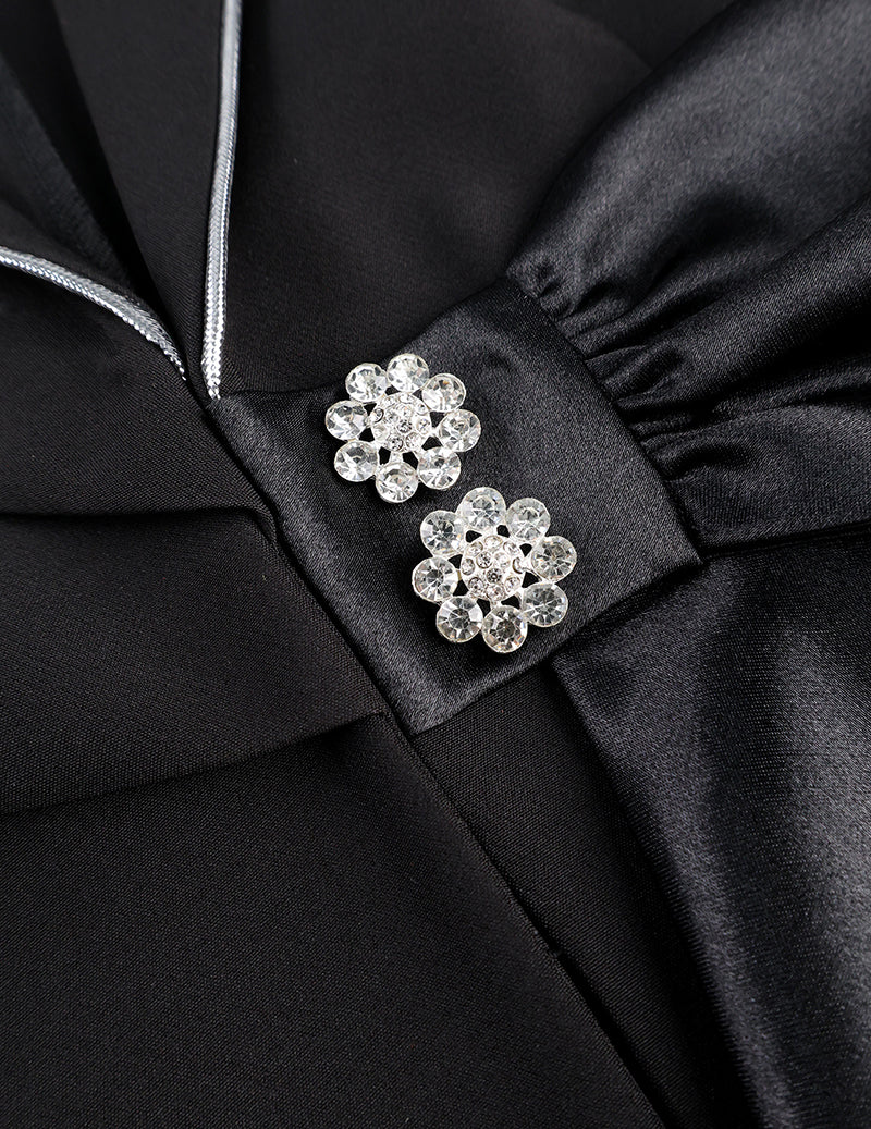 Black blazer jeweled floral clasp on satin bow at waist detail