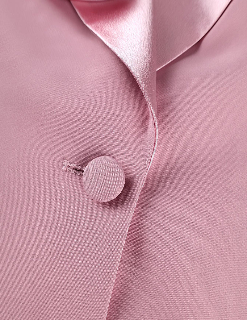 Pink satin blazer front: round button closure and satin lapel