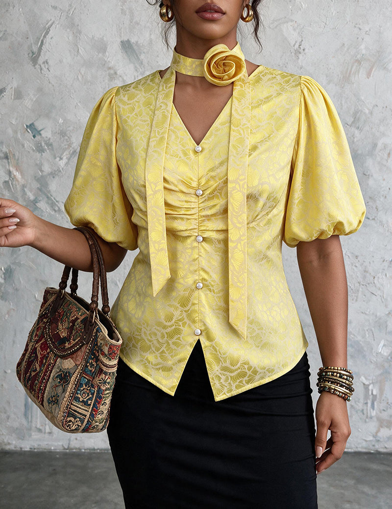 Ekouaer Jacquard Puff Sleeve V-Neck Floral Ruched Bodycon Blouse Top