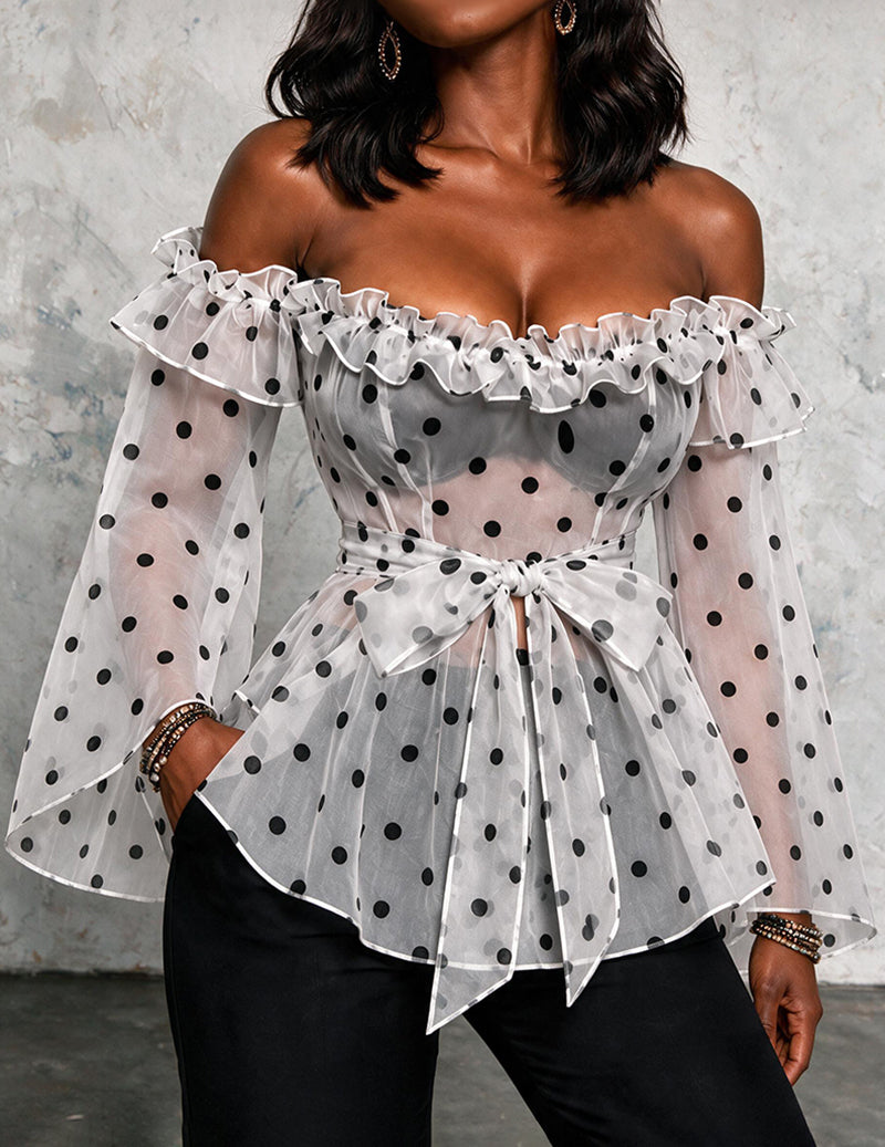 Ekouaer Mesh Sheer Off-Shoulder Polka Dot Tie-Waist Crop Top Blouse