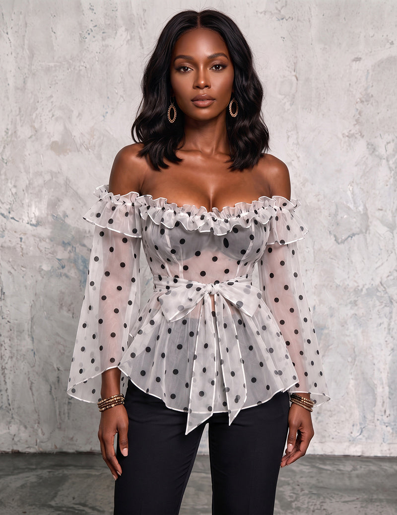 Ekouaer Mesh Sheer Off-Shoulder Polka Dot Tie-Waist Crop Top Blouse