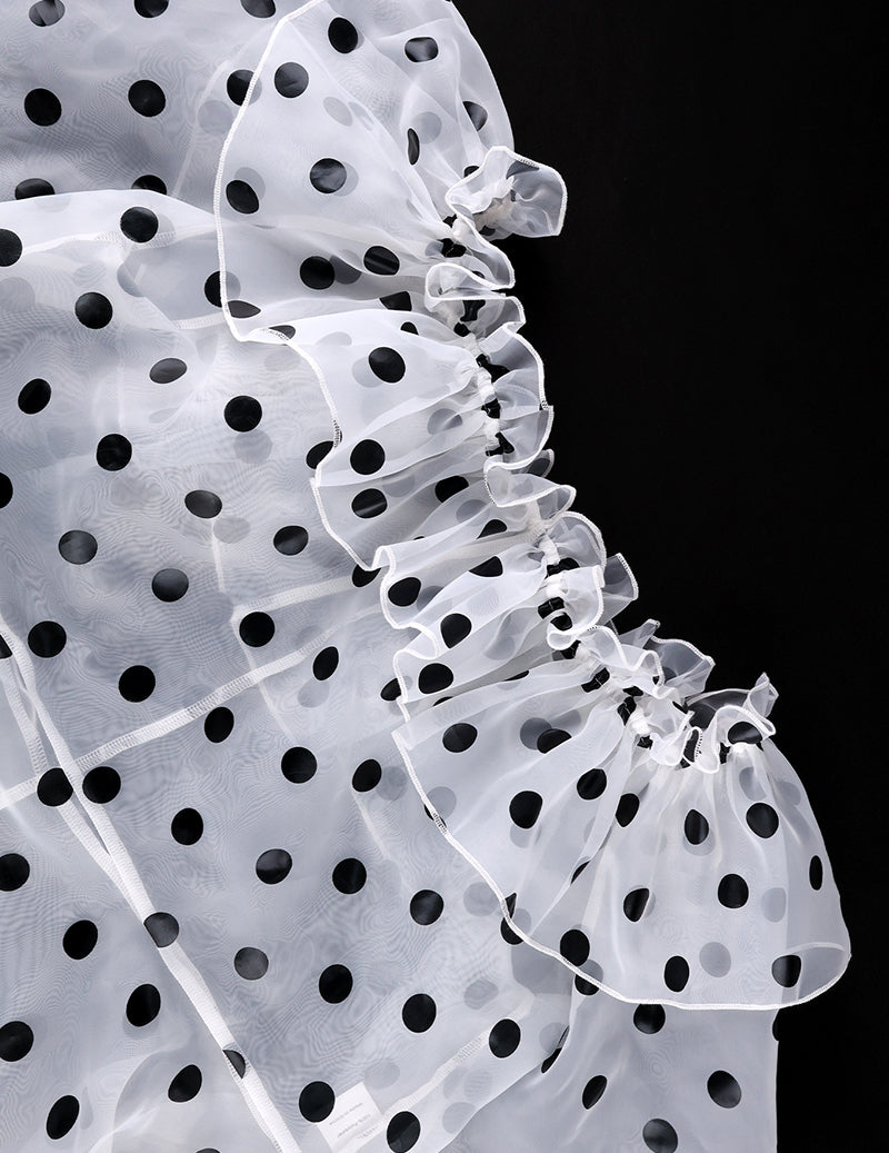 Ekouaer Mesh Sheer Off-Shoulder Polka Dot Tie-Waist Crop Top Blouse