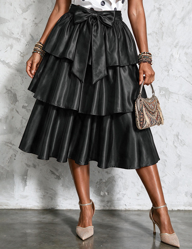 Ekouaer Satin Bow High Waist Tiered Midi Skirt Party Cocktail Skirt