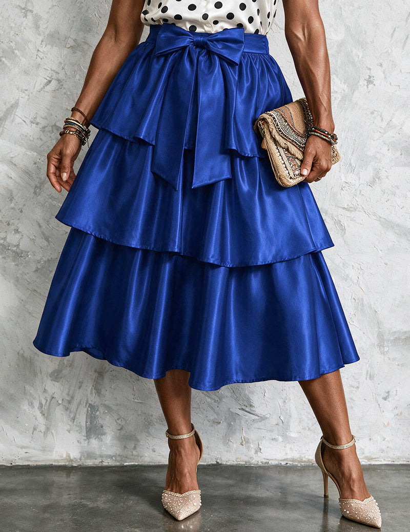 Ekouaer Satin Bow High Waist Tiered Midi Skirt Party Cocktail Skirt