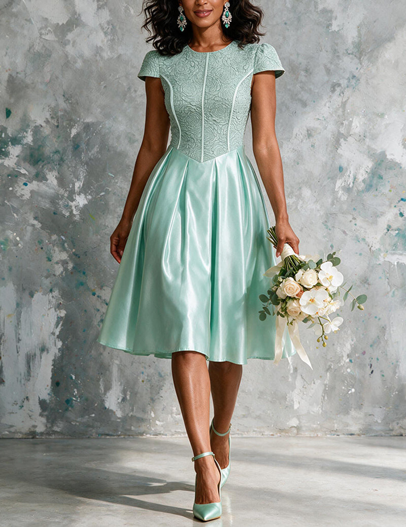 Ekouaer Jacquard Bow Tie Bridesmaid Dress Elegant Party Midi Dress Light Green / XL/10-12