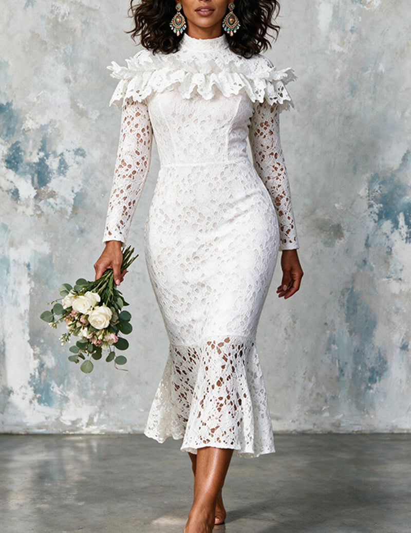 Ekouaer Lace Long Sleeve Bodycon Mermaid Party Dress Sheer Hem White / M/6-8