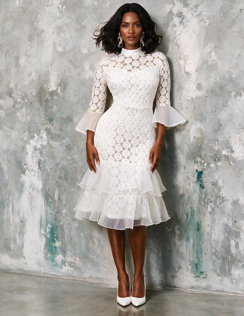 Ekouaer Lace Mock Neck Sheer Puff Sleeve Bridesmaid Wedding Dress