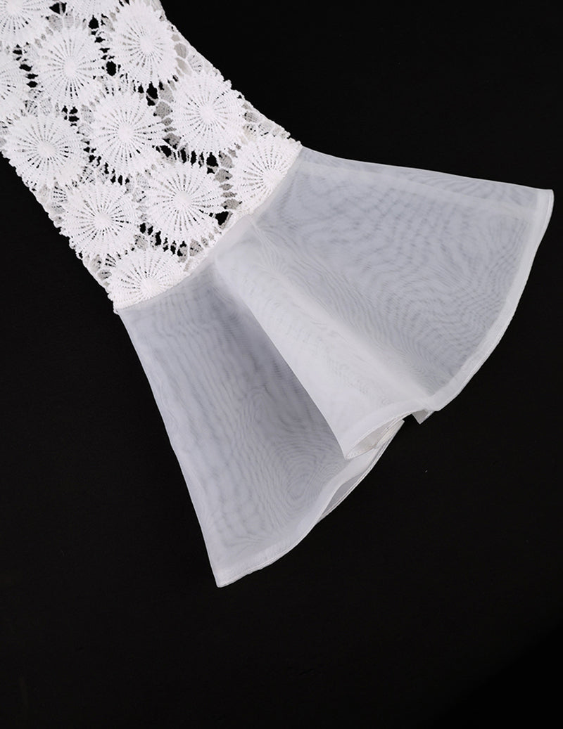 Ekouaer Lace Mock Neck Sheer Puff Sleeve Bridesmaid Wedding Dress