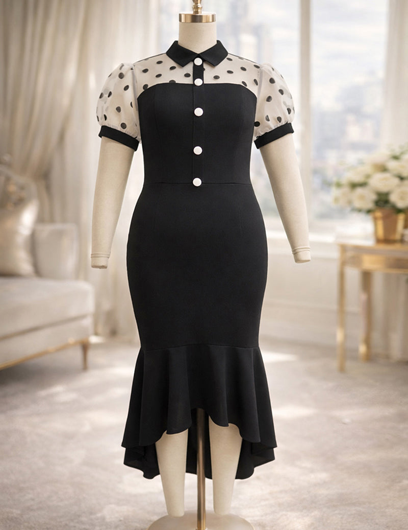 Ekouaer Polka Dot Mesh Sleeve Bodycon Mermaid Dress Button Front