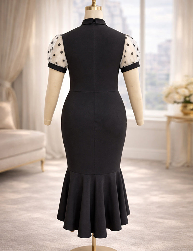 Ekouaer Polka Dot Mesh Sleeve Bodycon Mermaid Dress Button Front