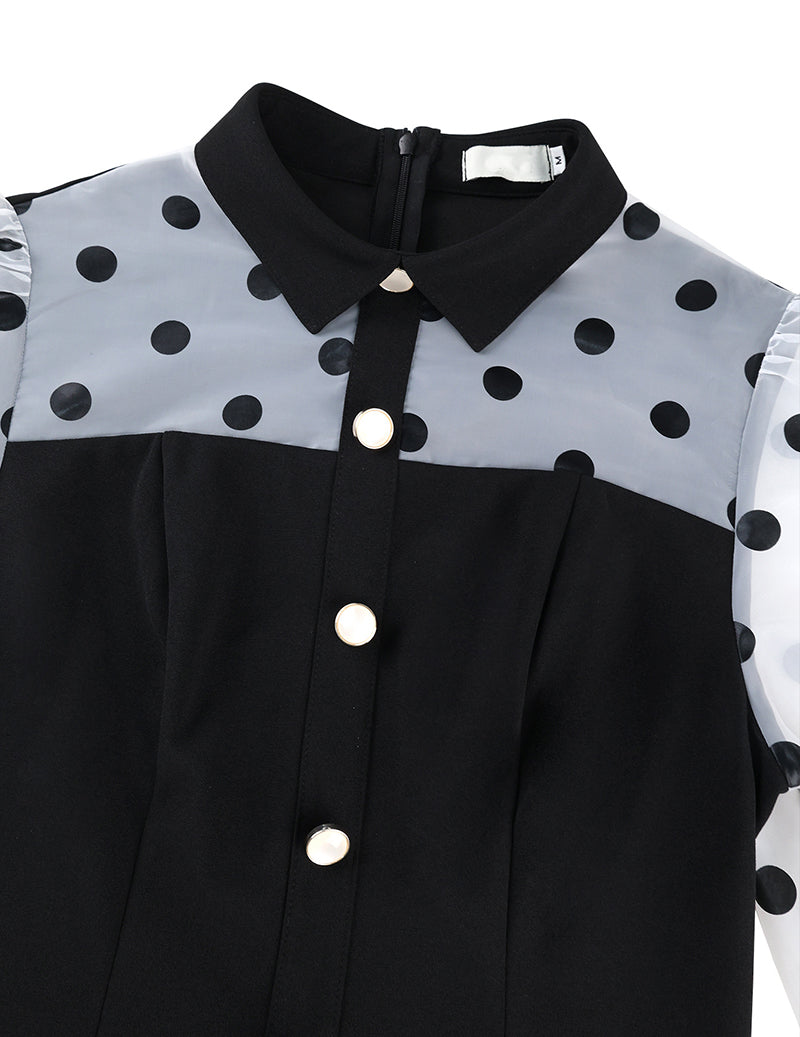 Ekouaer Mesh Polka Dot Puff Sleeve Bodycon Party Cocktail Dress