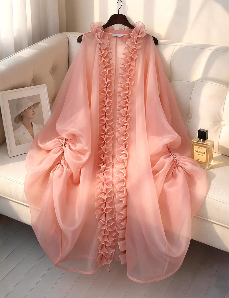 Ekouaer Chiffon Ruffle Loose Cardigan Flowy Casual Kimono Jacket
