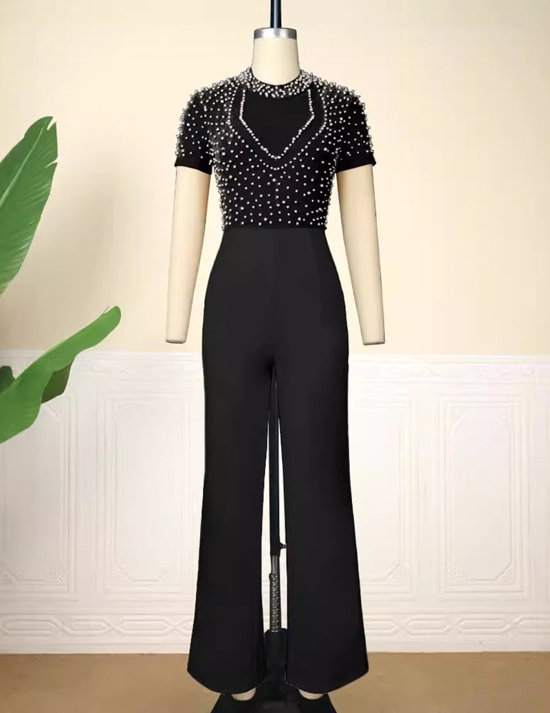 Ekouaer Beaded Short Sleeve High Waist Jumpsuit Party Evening Romper