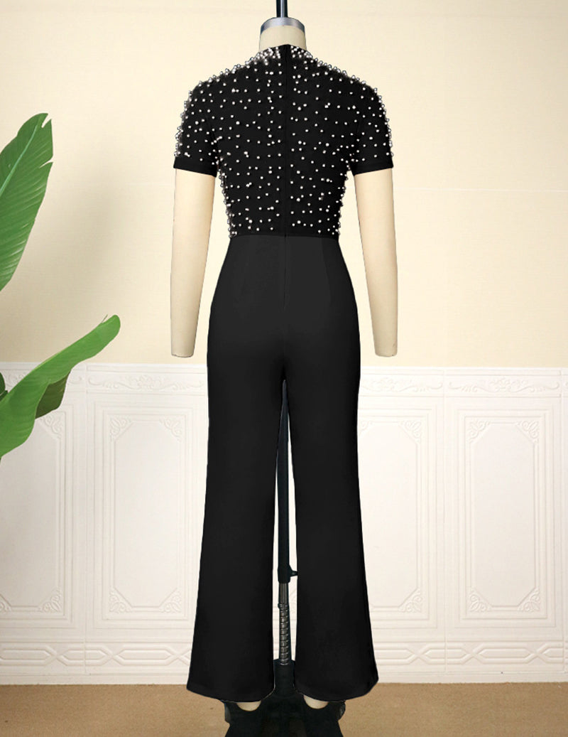 Ekouaer Beaded Short Sleeve High Waist Jumpsuit Party Evening Romper