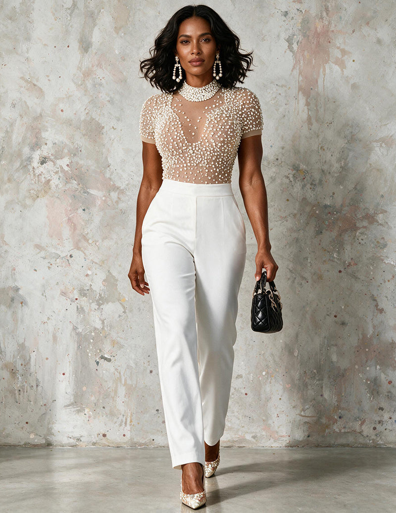Ekouaer Beaded Short Sleeve High Waist Jumpsuit Party Evening Romper