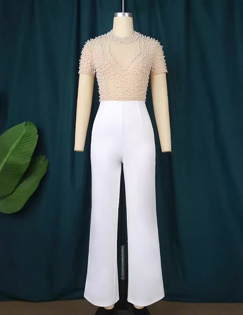 Ekouaer Beaded Short Sleeve High Waist Jumpsuit Party Evening Romper
