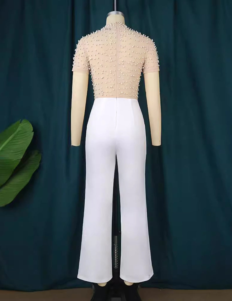 Ekouaer Beaded Short Sleeve High Waist Jumpsuit Party Evening Romper